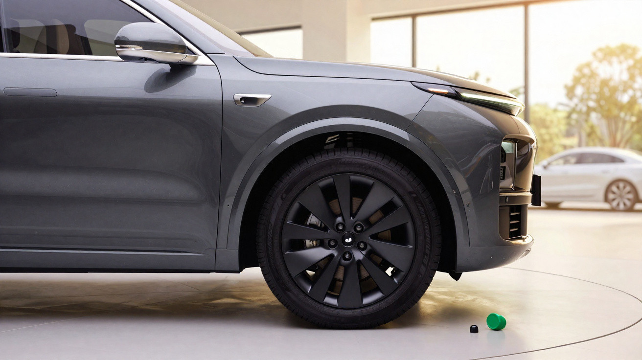 Parte frontal de um carro cinzento estacionado numa sala com rodas pretas e objetos verdes no chão.