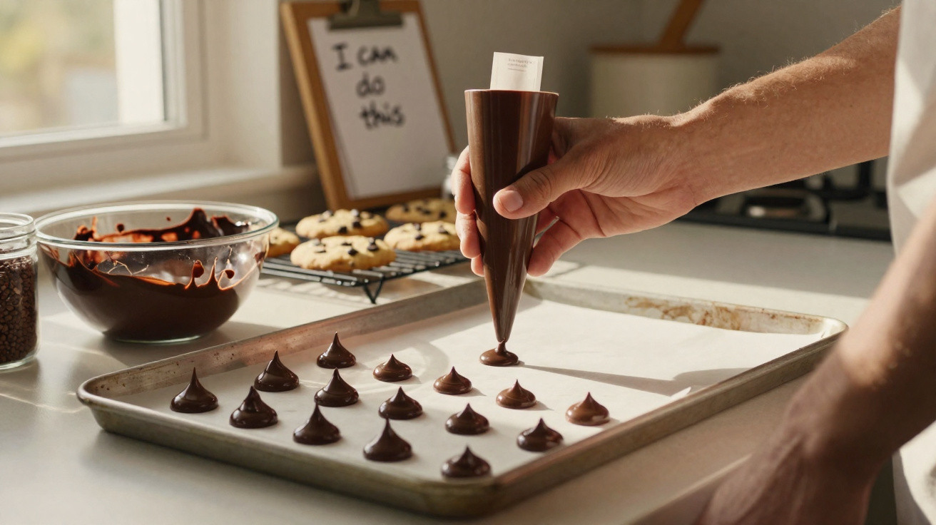 Mãos a colocar gotas de chocolate numa forma metálica com saco de confeitar numa cozinha iluminada.