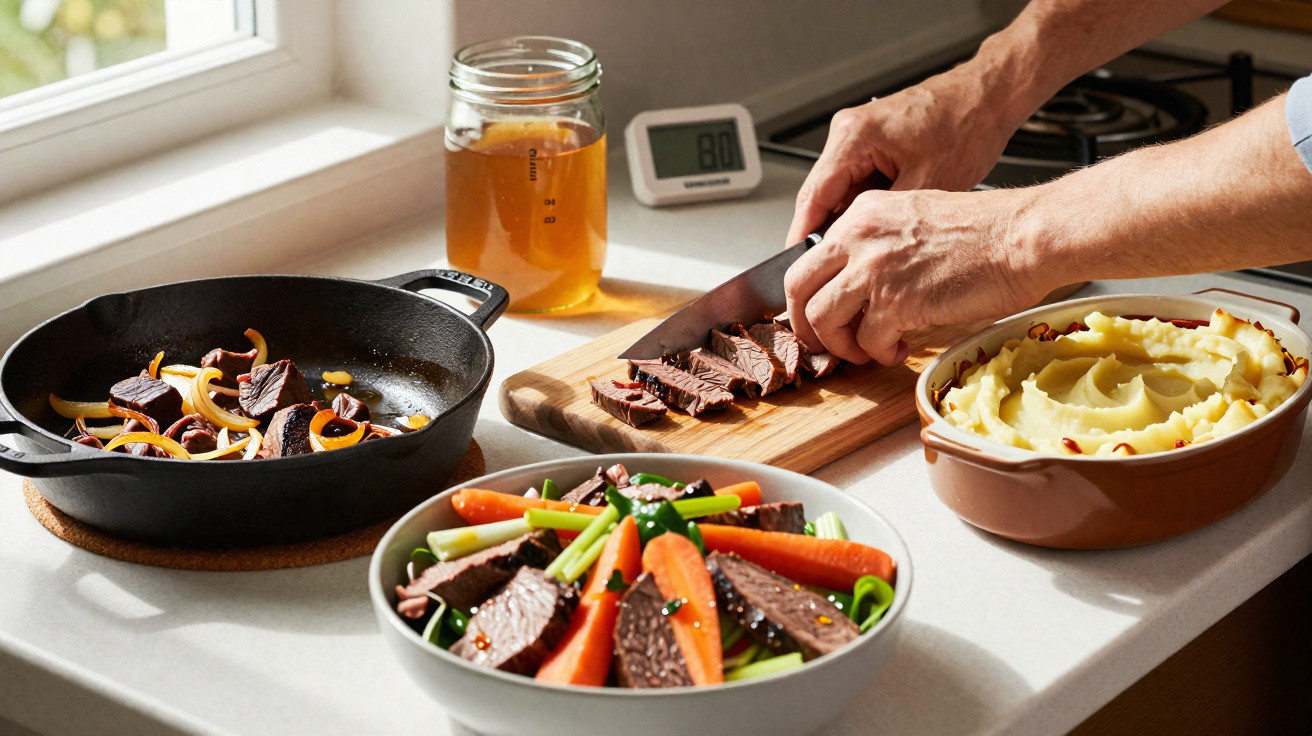 Pessoa a cortar bife em tábua, com legumes cozidos, puré de batata e frigideira com cebola na bancada.