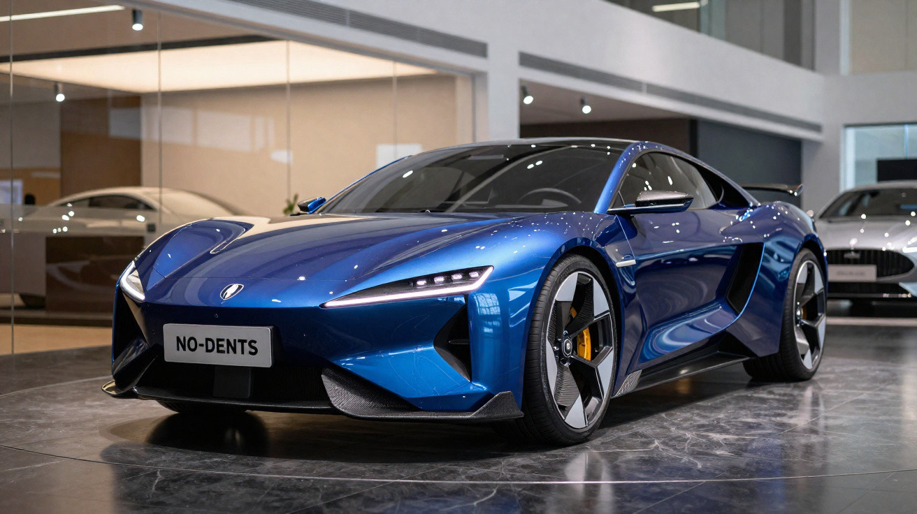 Carro desportivo azul metálico moderno com design aerodinâmico exposto em showroom.