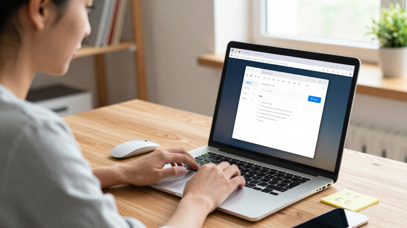 Pessoa a usar computador portátil num ambiente de escritório, com página de notas aberta no ecrã.