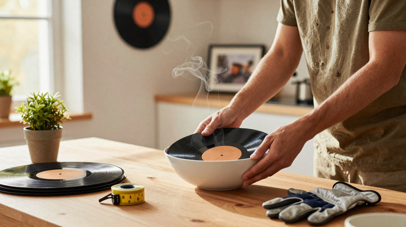 Pessoa a segurar um prato com um vinyl a aquecer, numa cozinha com mesa de madeira e planta ao lado.