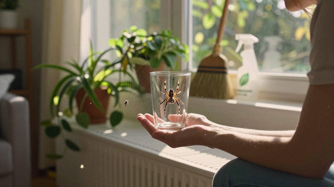 Pessoa segura copo transparente com aranha grande dentro, numa sala com plantas ao fundo.