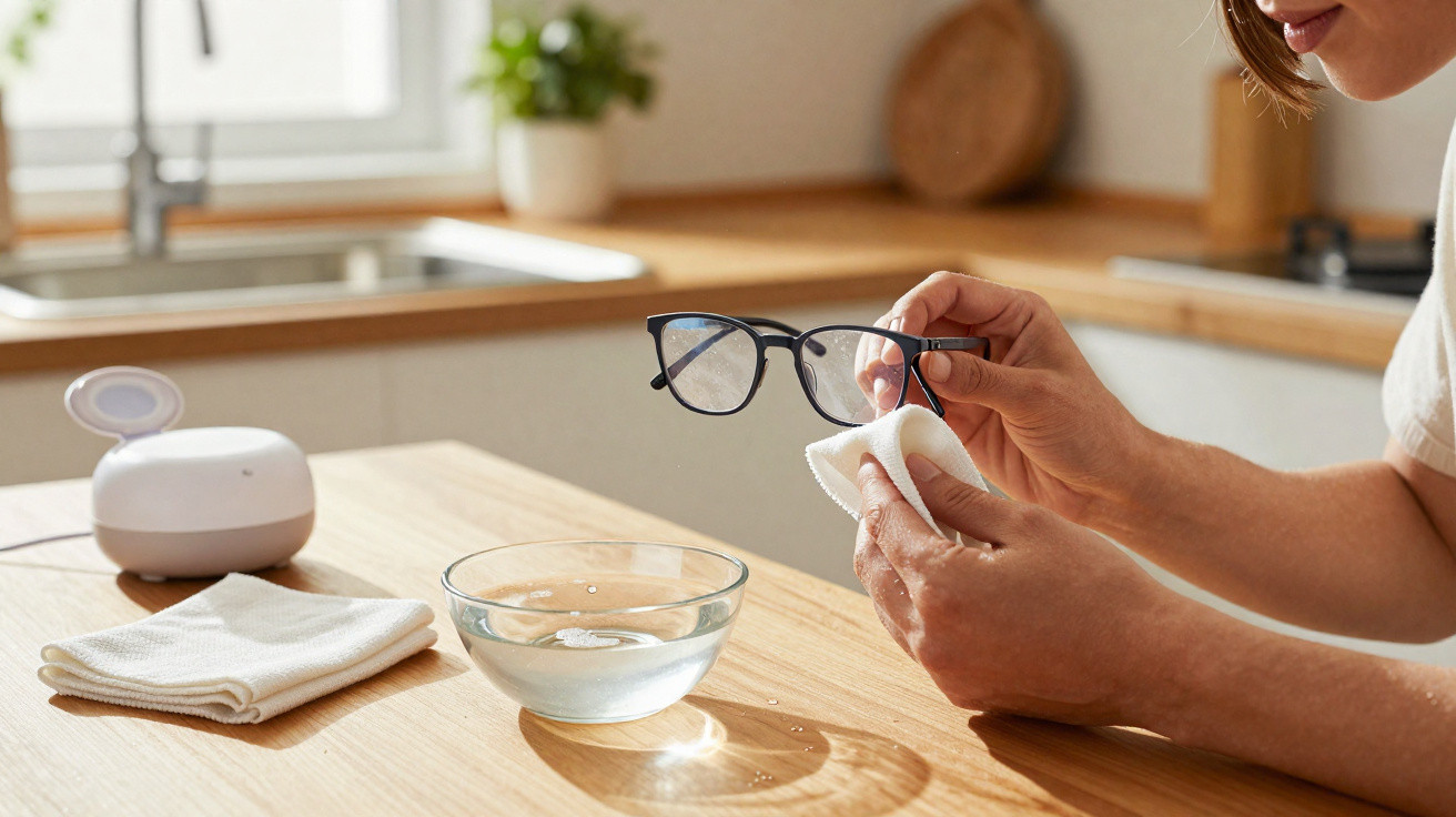 Pessoa a limpar uns óculos com um pano branco sobre uma mesa de madeira numa cozinha iluminada.
