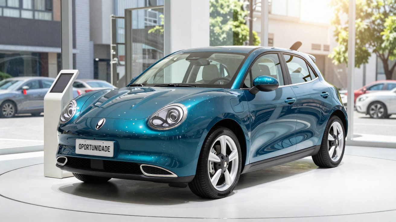 Carro elétrico azul metálico exposto numa plataforma giratória em showroom moderno iluminado.
