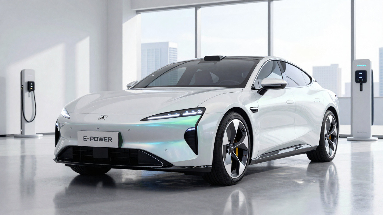 Carro elétrico branco moderno estacionado numa garagem com postos de carregamento ao fundo.