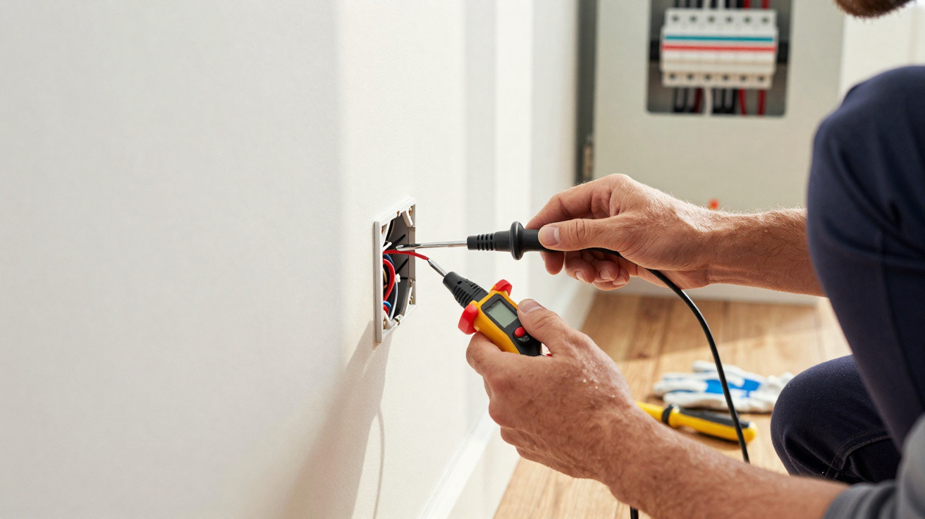 Pessoa a reparar sistema elétrico numa tomada com ferramenta de medição elétrica.