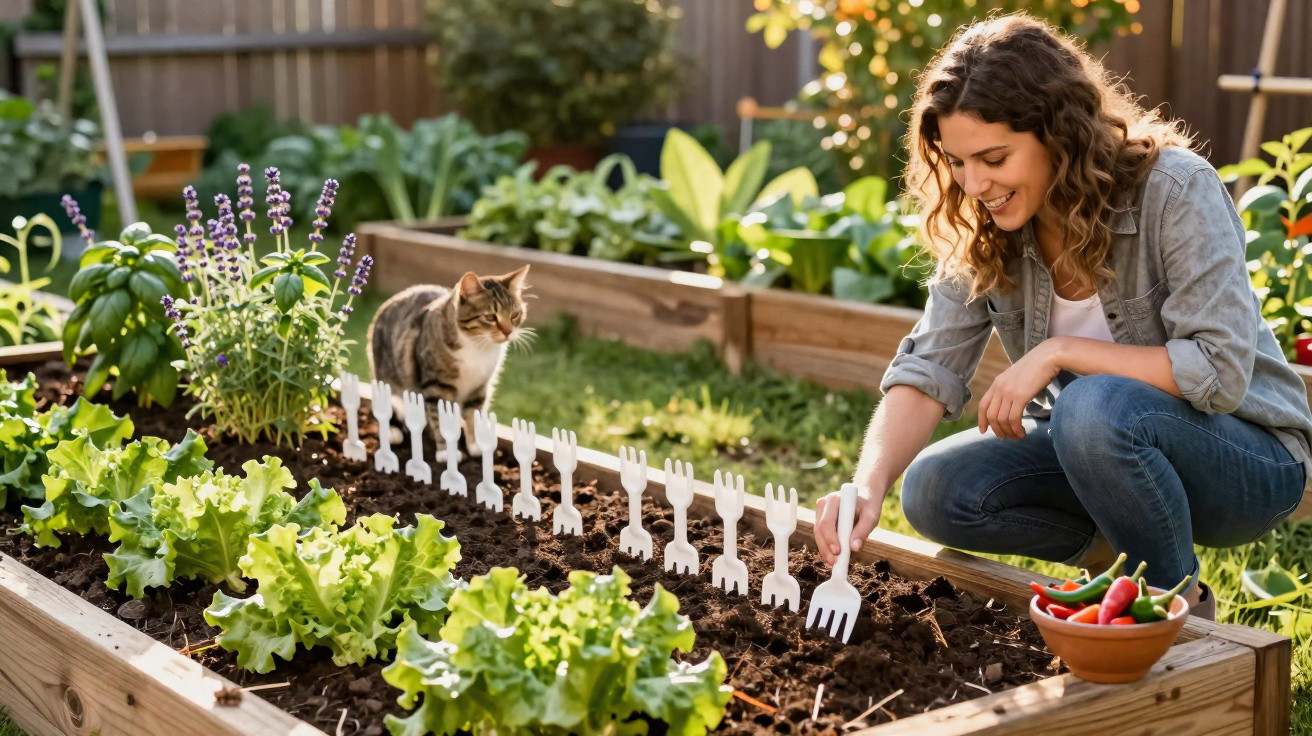 Mulher a plantar em horta com canivetes de plástico e gato ao lado num jardim ensolarado.