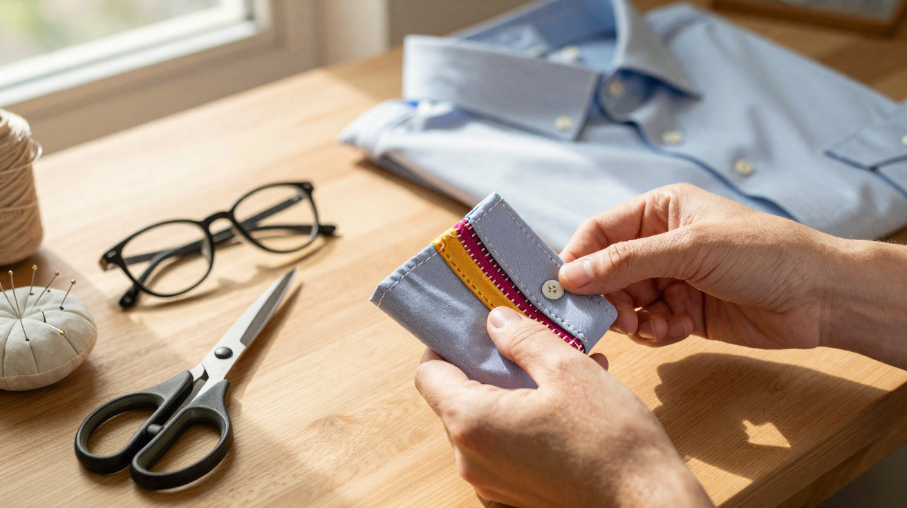 Mãos seguram estojo de tecido azul com detalhes coloridos, sobre mesa com tesoura, óculos e camisa azul.