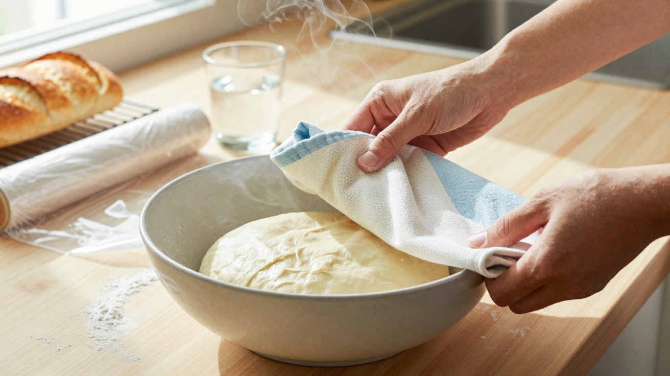Mãos a cobrir massa de pão numa tigela com um pano numa bancada de cozinha clara.