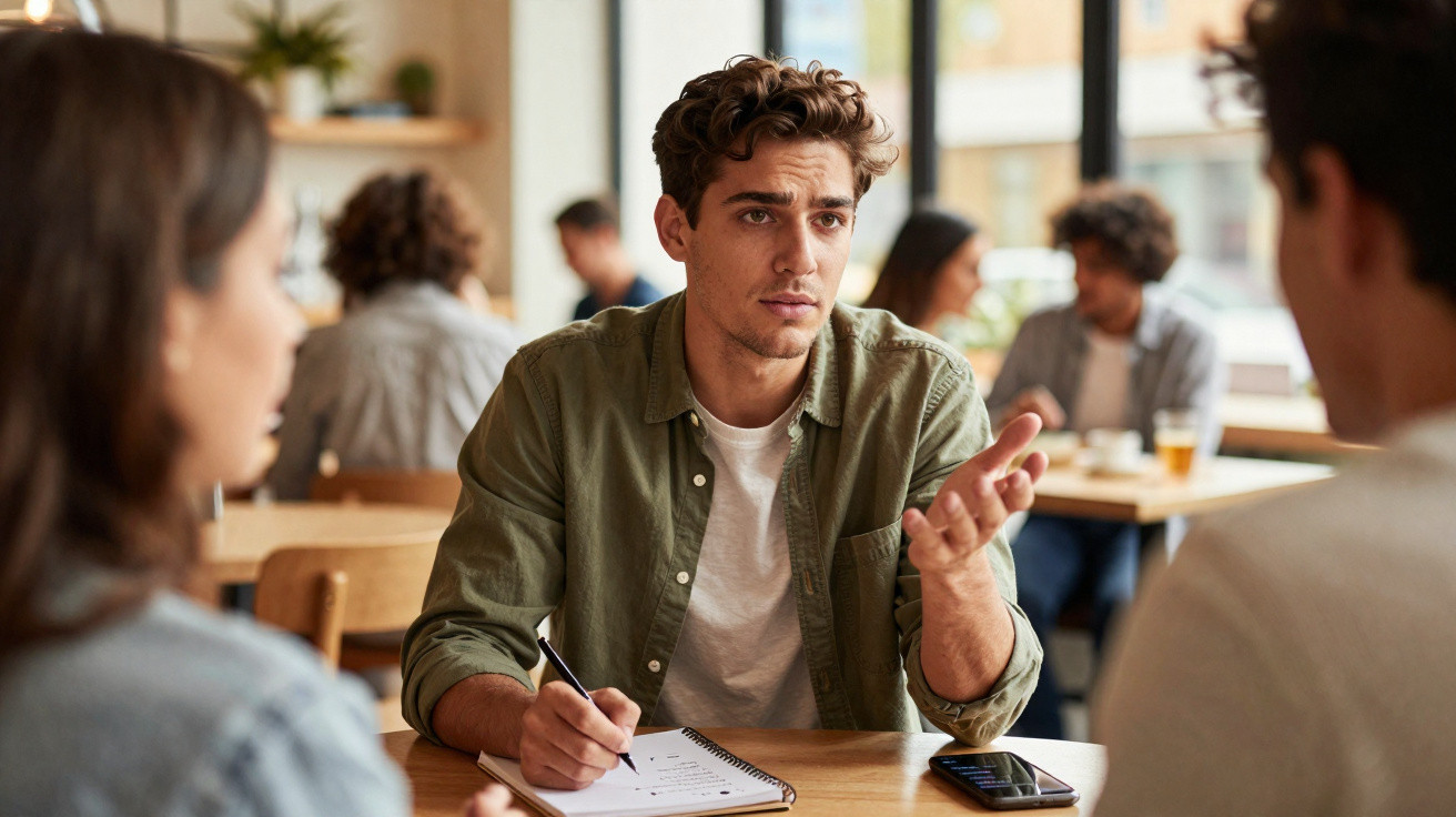 Homem a tomar notas e a conversar sério com duas pessoas numa mesa de café.