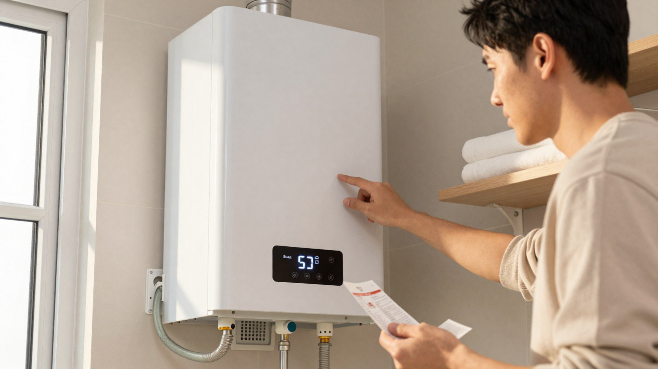 Homem ajusta a temperatura num aquecedor de água digital branco numa divisão com prateleiras de madeira.