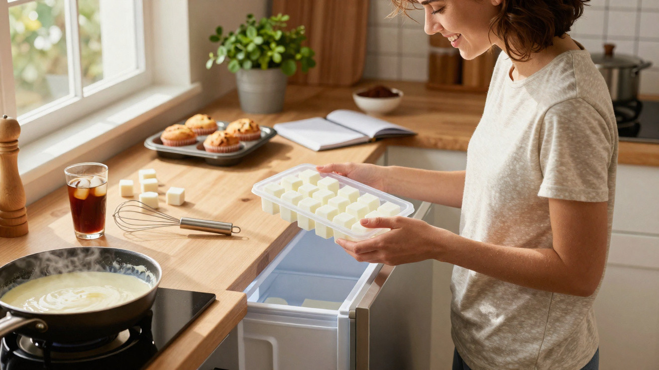 Mulher a guardar cubos de manteiga no congelador numa cozinha moderna com lenteça e muffins na bancada.