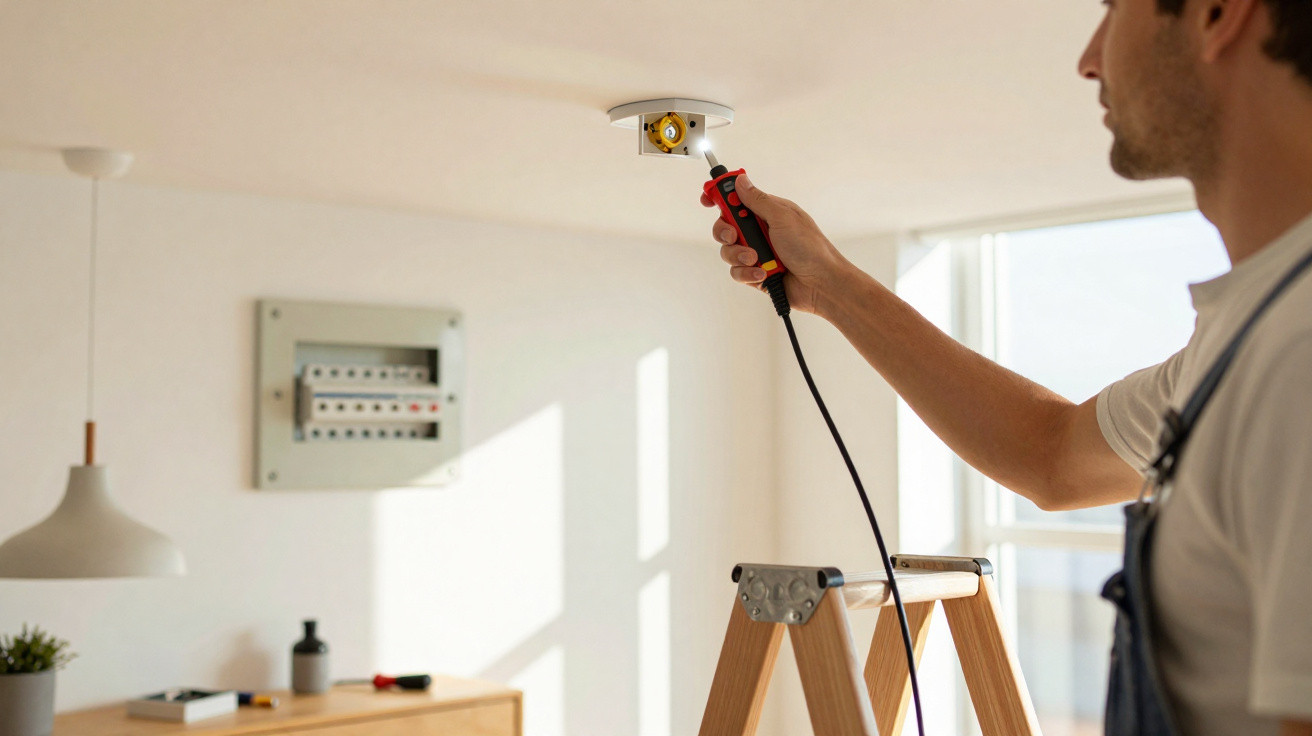 Homem a instalar detector de fumo no teto, segurando ferramenta e em cima de escada em sala iluminada.