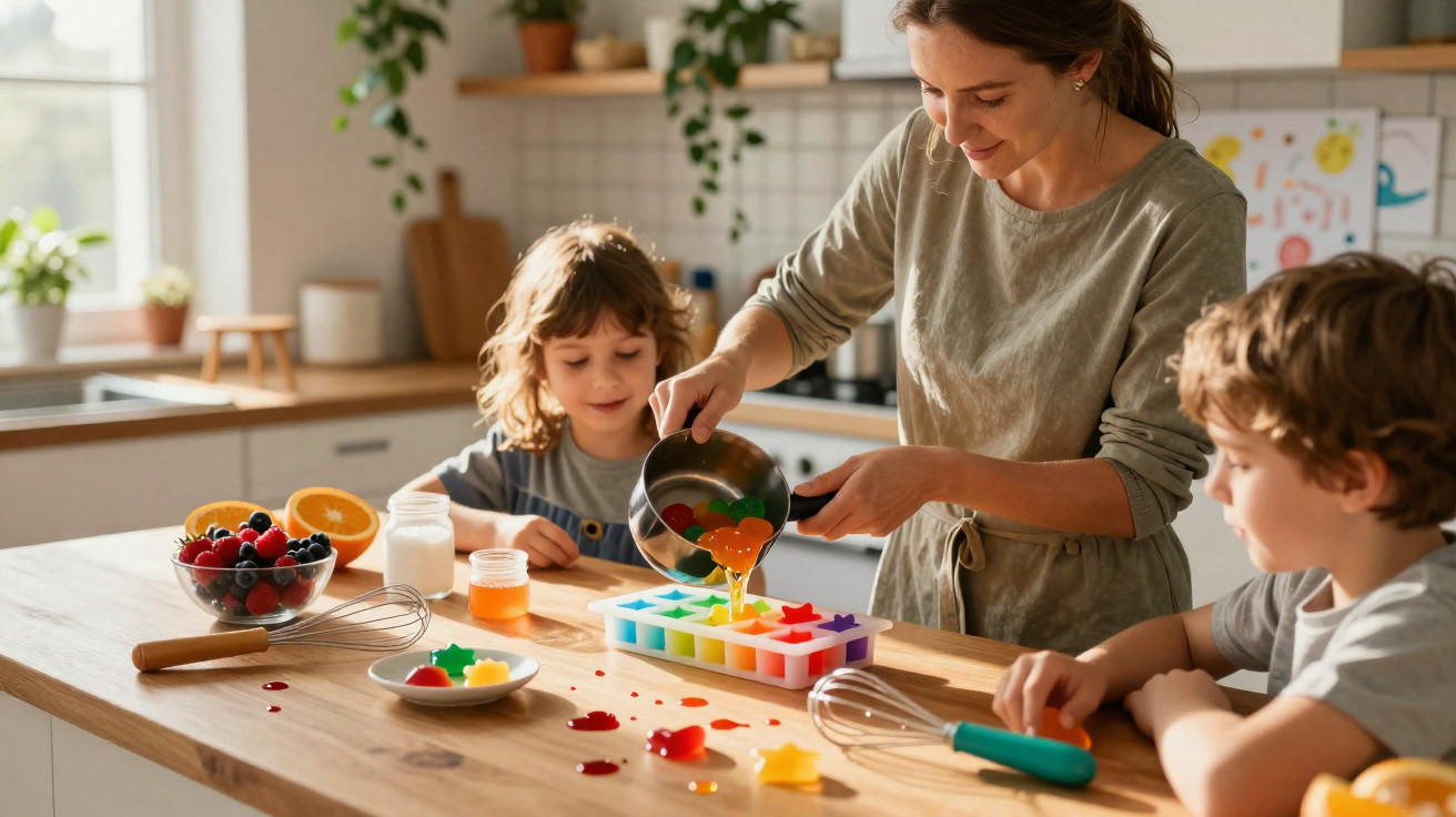 Mulher e duas crianças preparam gelatina colorida em formas de silicone na cozinha iluminada.