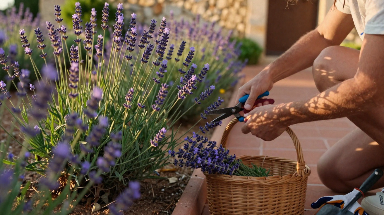 Pessoa a cortar flores de lavanda com tesoura de poda num jardim, com cesta de verga.