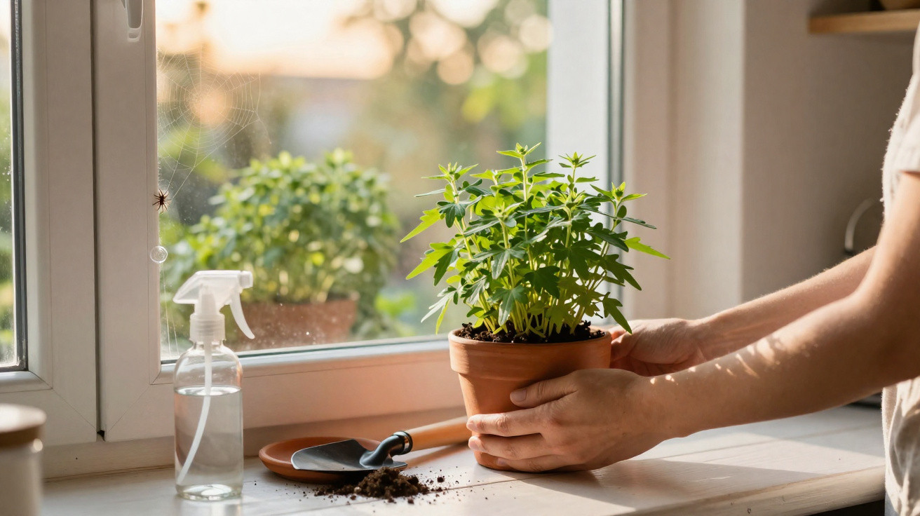 Mãos a cuidar de planta em vaso, pulverizador, pá de jardim e teia de aranha numa janela com luz natural.
