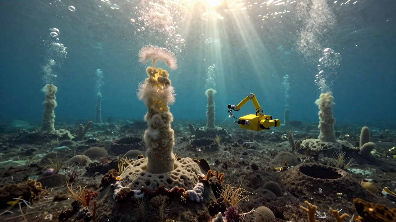 Veículo robótico subaquático explora colunas marinhas cobertas de corais e anémonas sob luz solar filtrada no oceano.