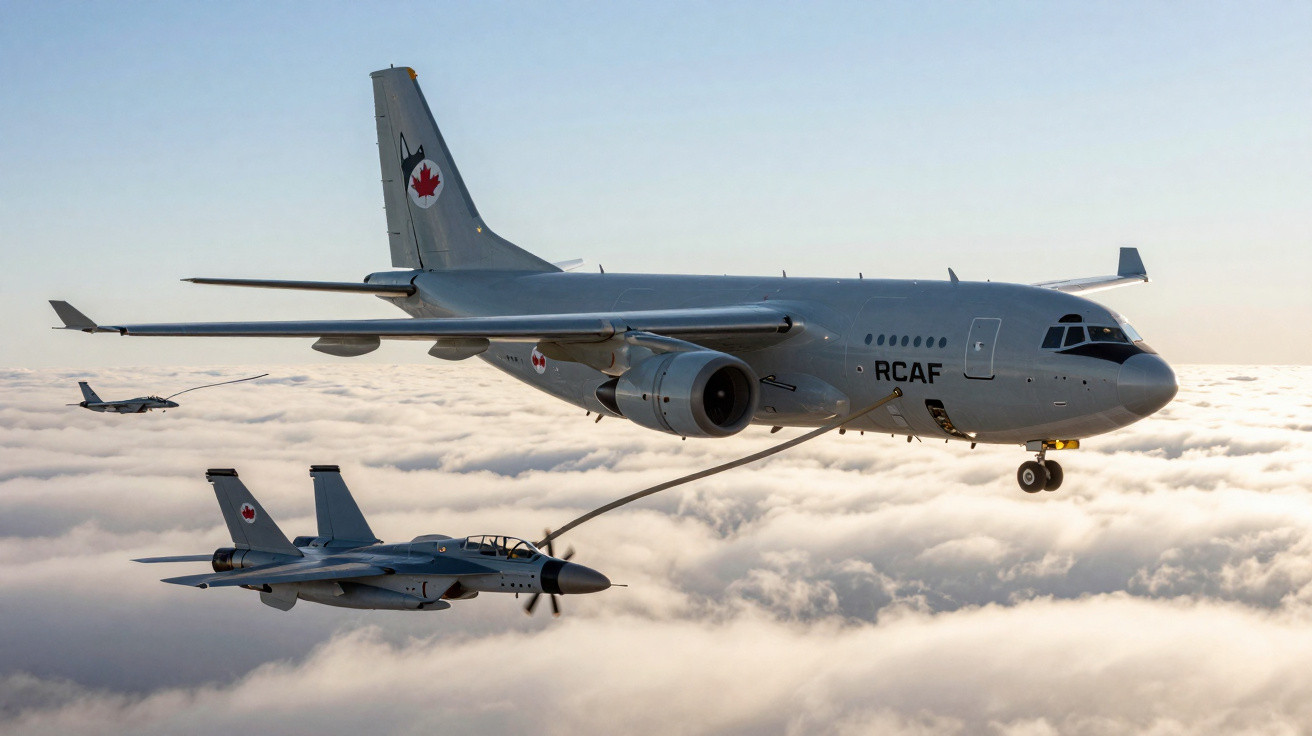 Avião militar RCAF a abastecer outro caça em voo acima das nuvens ao pôr do sol.