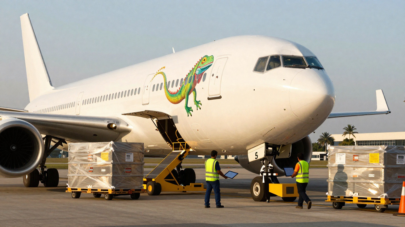 Avião branco com desenho de lagarto colorido a carregar mercadoria no aeroporto, com dois trabalhadores perto.
