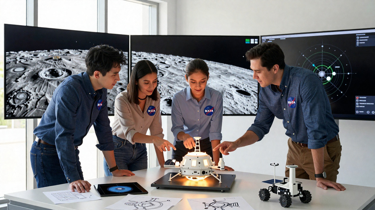 Quatro jovens cientistas da NASA analisam modelo de módulo lunar e rover numa sala com ecrãs espaciais.