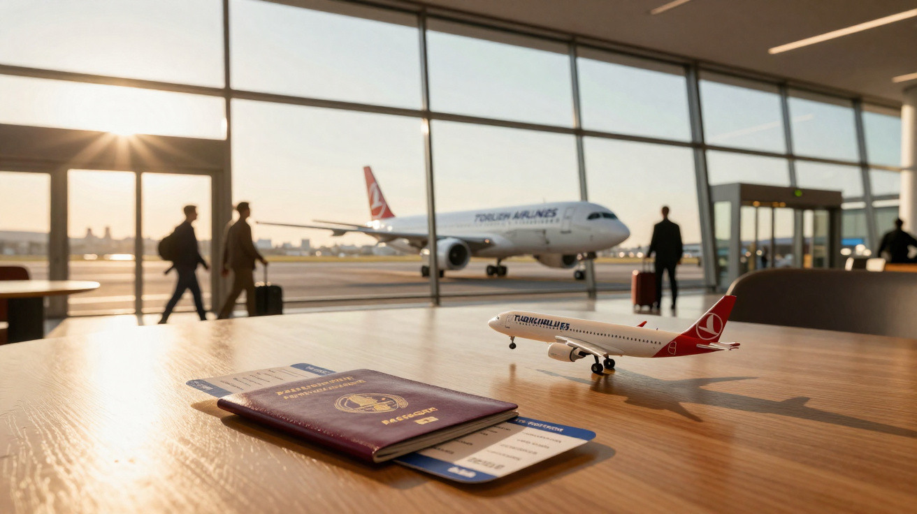 Passaporte e bilhetes sobre mesa com modelo de avião, pessoas e avião real da Turkish Airlines no aeroporto.