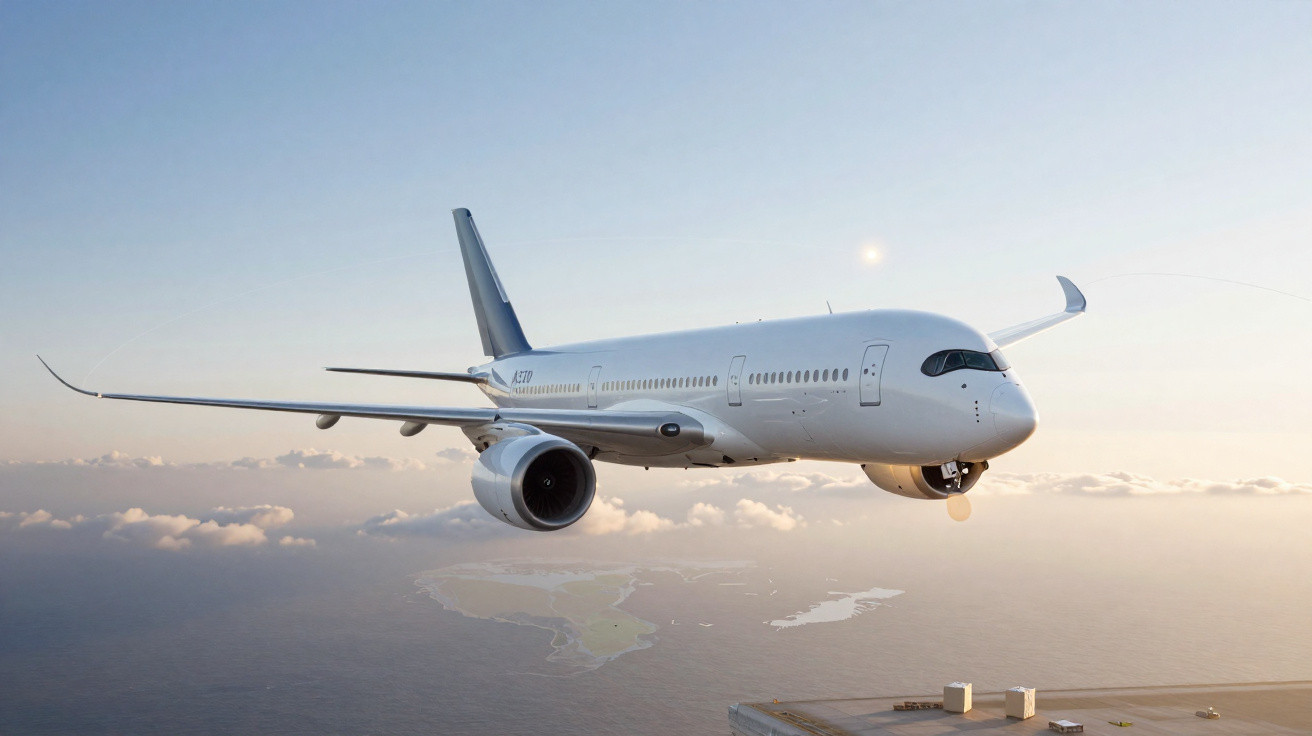 Avião comercial branco a voar sobre o mar ao pôr do sol com nuvens e terra ao fundo.