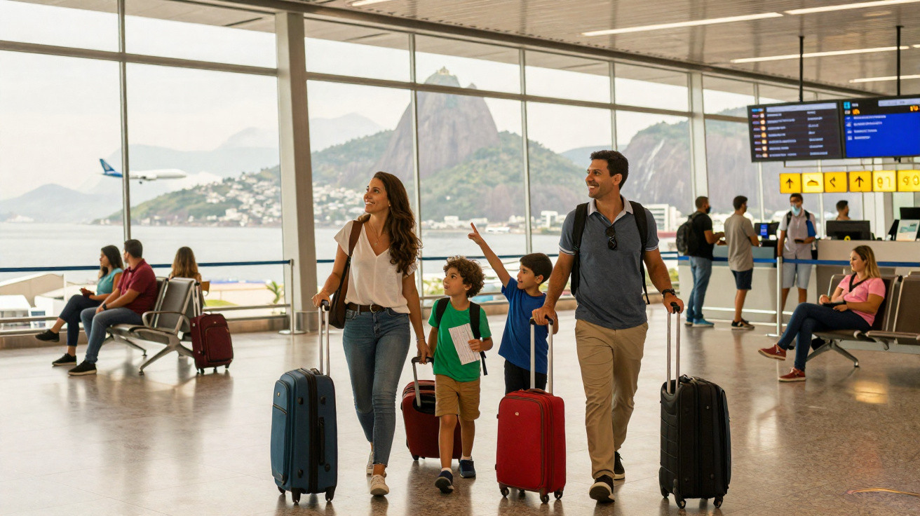 Família com duas crianças e malas a caminhar no aeroporto com vista para montanha e avião a descolar.