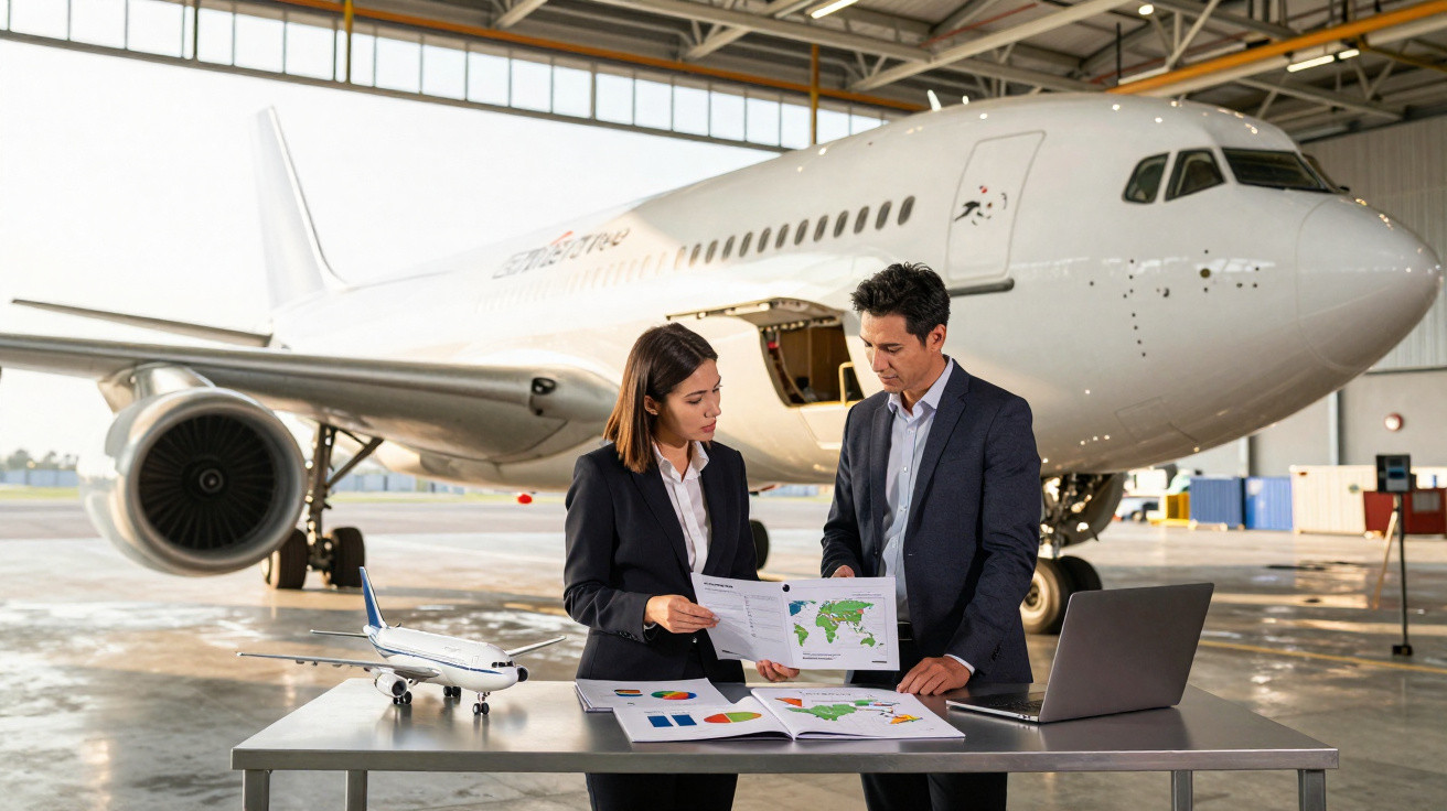 Dois profissionais analisam gráficos em papel junto a um avião num hangar de aeroporto.