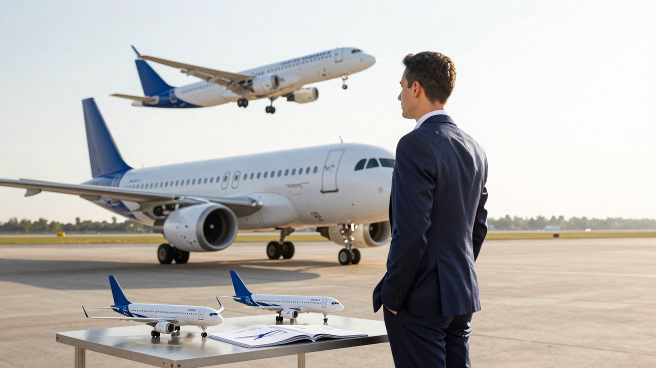 Homem de fato observa aviões no aeroporto com miniaturas e livro sobre mesa.