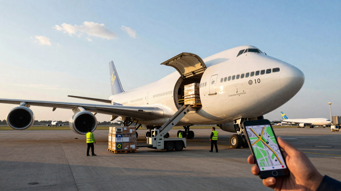 Avião de carga em pista com trabalhadores a carregar paletes e pessoa a usar telemóvel com mapa.