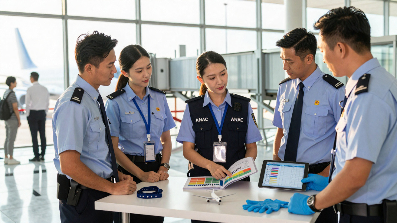Cinco agentes de segurança em uniforme a analisar documentos e equipamentos numa zona de aeroporto.