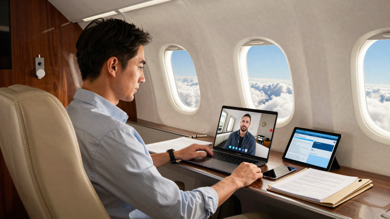 Homem em videoconferência num portátil dentro de um avião, com documentos e tablet na secretária ao seu lado.