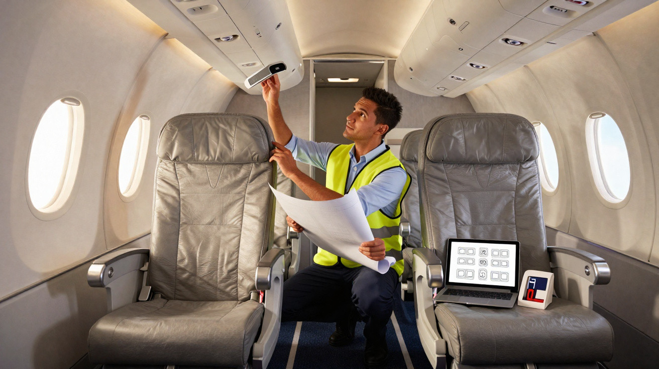 Técnico com colete amarelo instala sistema de controlo num avião, segurando planta e manipulando dispositivo no teto.