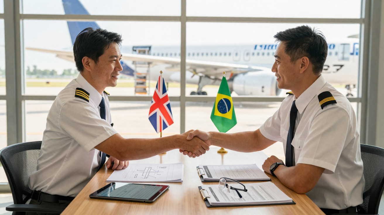 Dois pilotos vestidos de uniforme apertam as mãos numa mesa com bandeiras do Reino Unido e Brasil ao fundo.