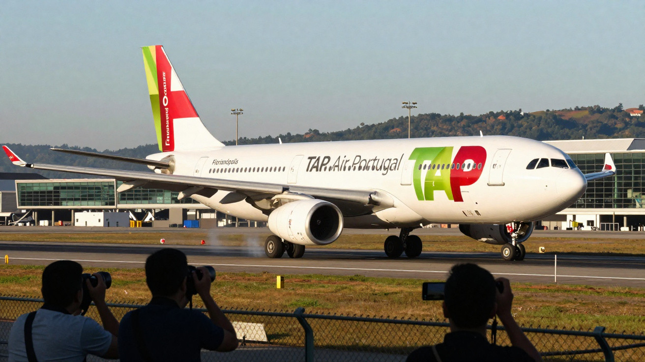 Avião TAP Air Portugal a aterrar, com três pessoas a tirar fotos na frente, num aeroporto.