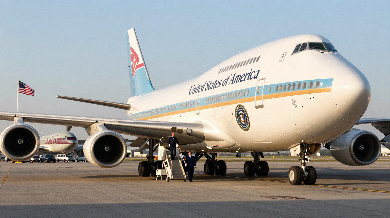 Avião presidencial dos Estados Unidos estacionado com pessoas na escada de embarque num dia claro.