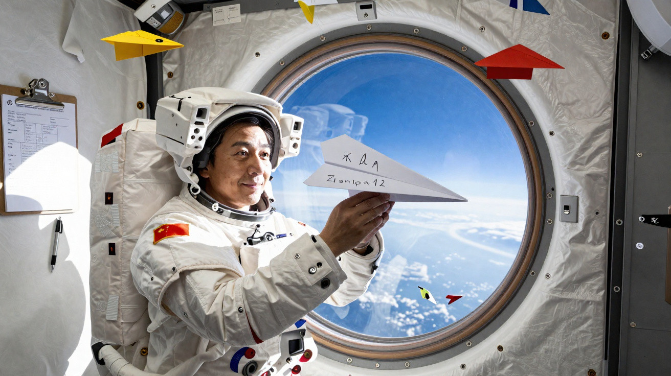Astronauta chinês em fato espacial dentro de nave, segurando avião de papel junto a janela orbital com vista da Terra.