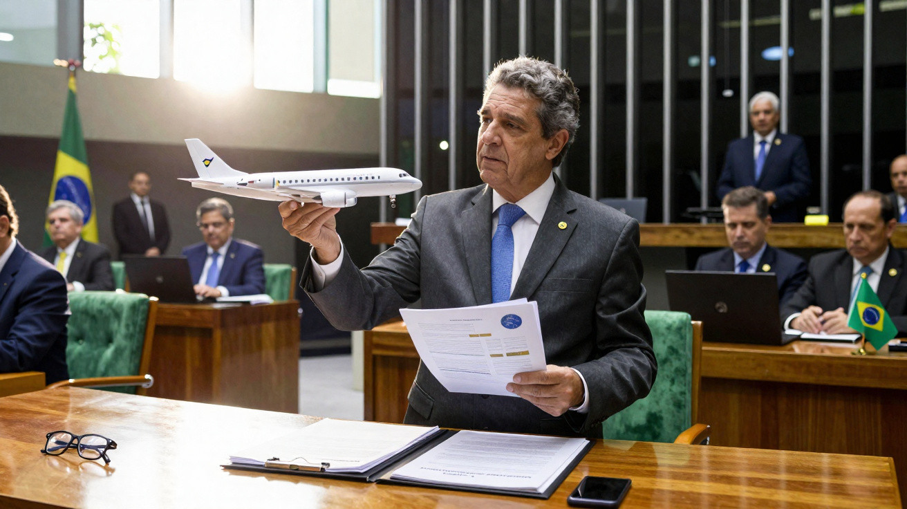 Homem em fato segura modelo de avião e documentos num salão com outros homens sentados e bandeiras do Brasil.