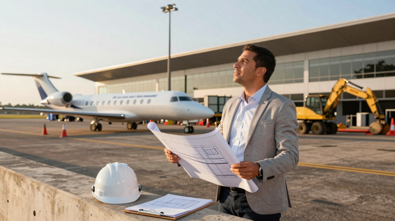 Homem com planta arquitectónica junto a capacete branco numa pista de aeroporto com avião privado ao fundo.
