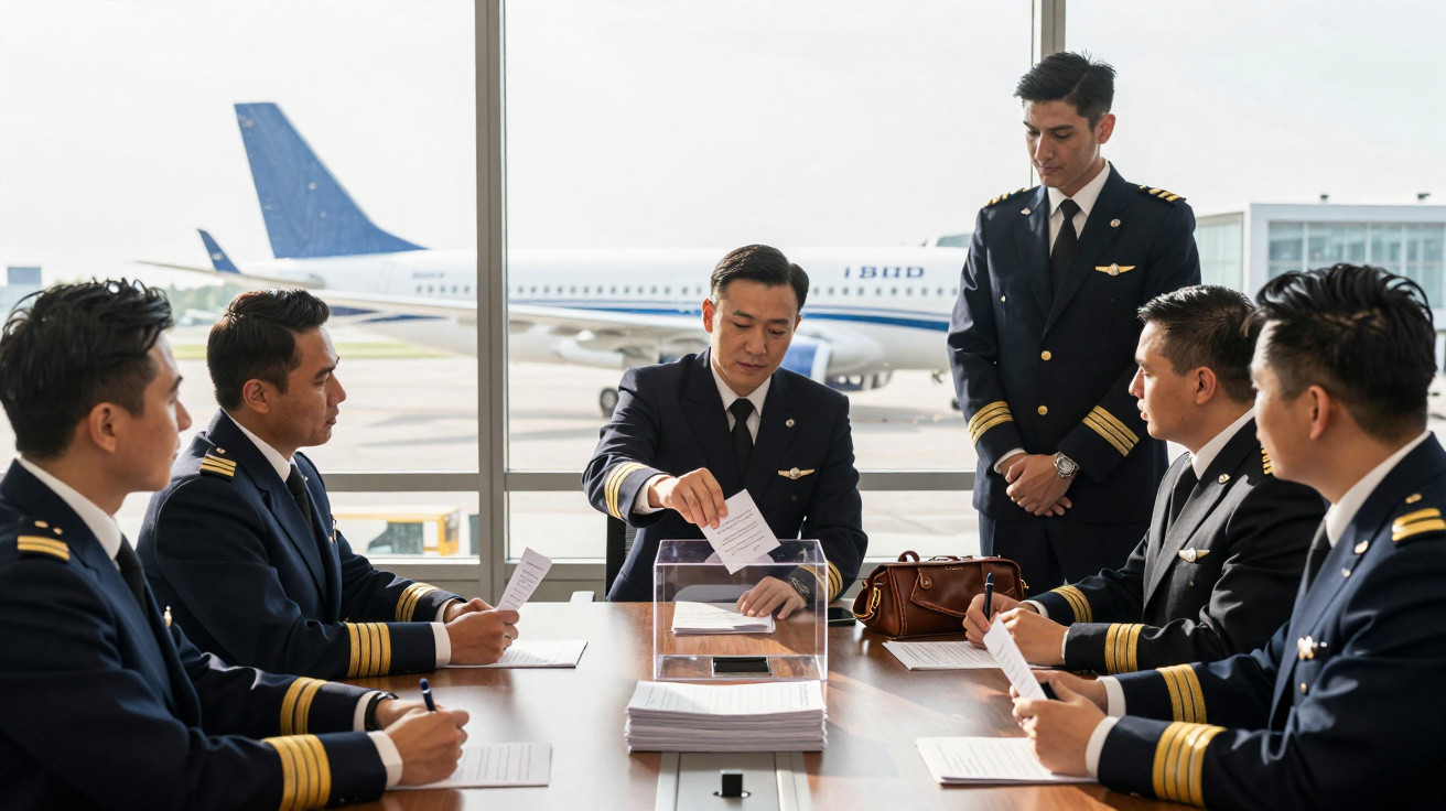 Pilotos em uniforme reunidos à volta de mesa votando com aviões visíveis através da janela no aeroporto.