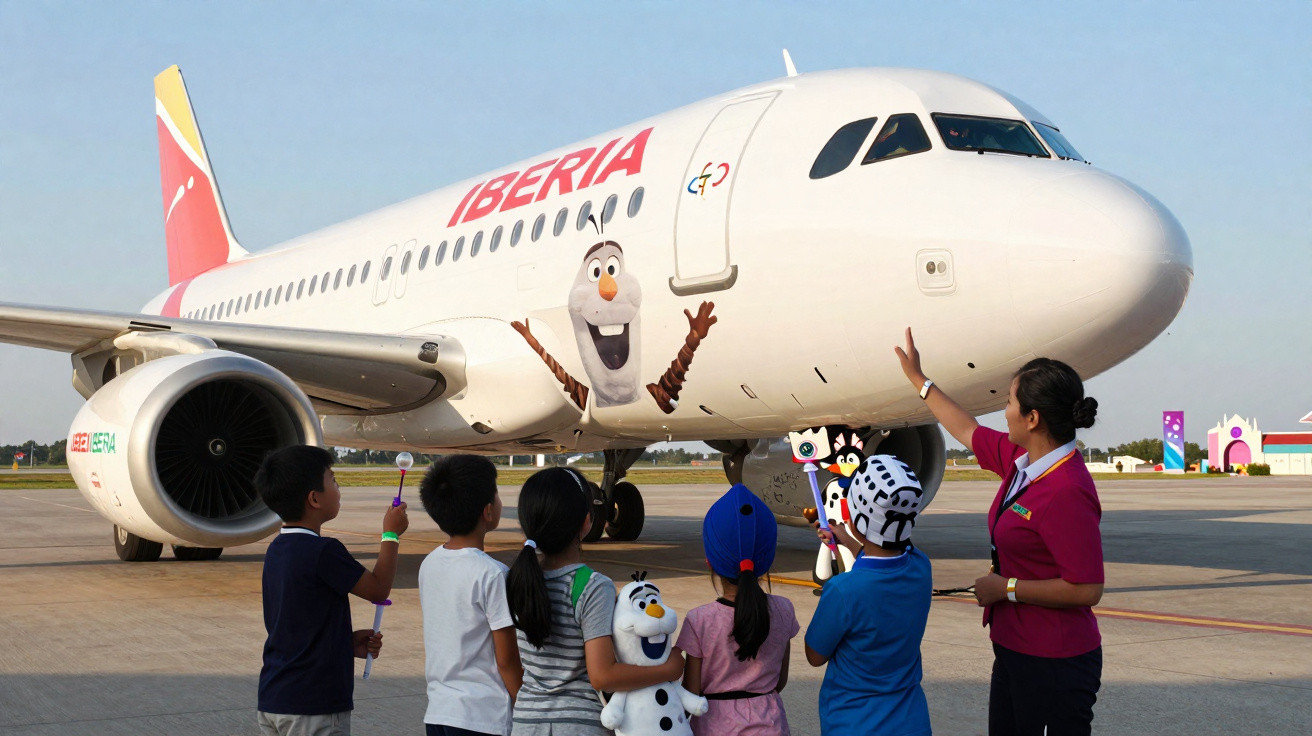 Crianças e comissária a observar avião Iberia decorado com personagem Olaf do filme Frozen num aeroporto.