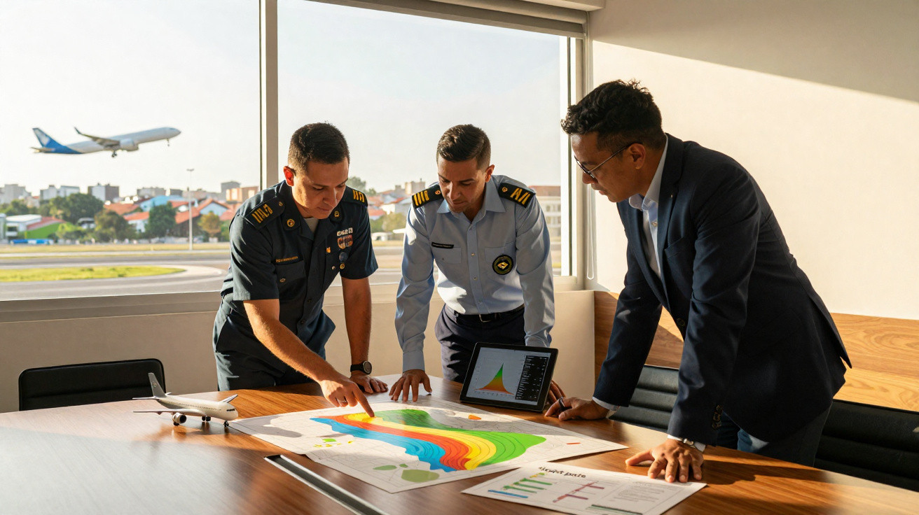 Três homens analisam mapas e gráficos numa sala com vista para uma pista de aeroporto e um avião a descolar.