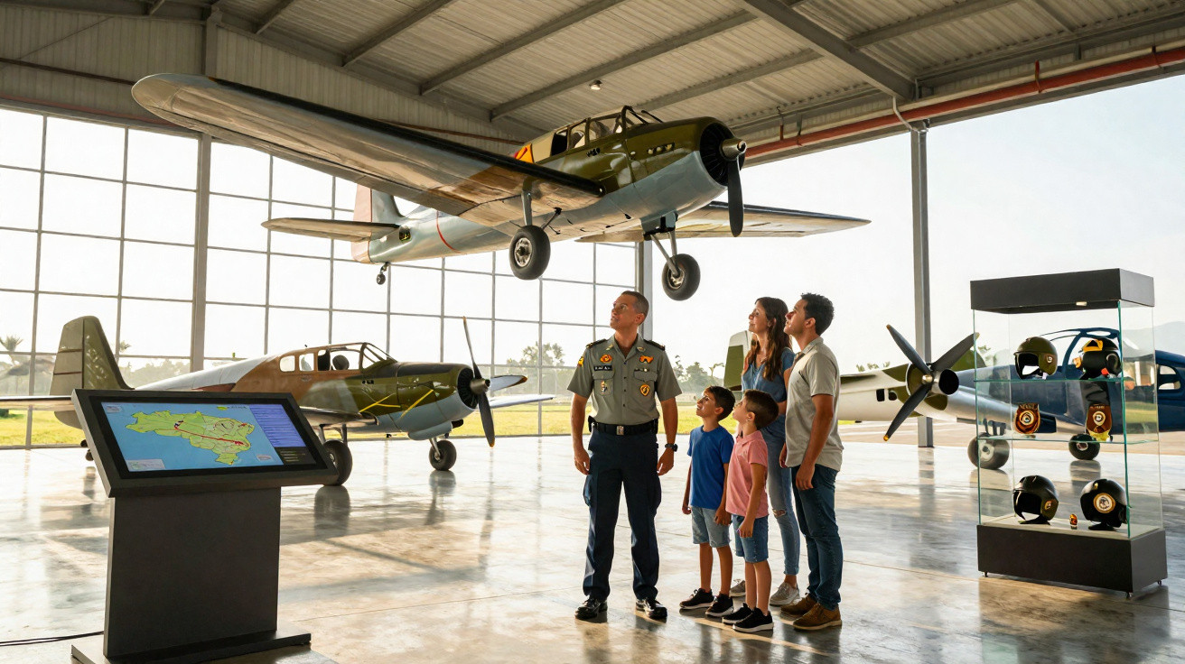 Avião militar antigo suspenso e família observando com guia num museu de aviação.