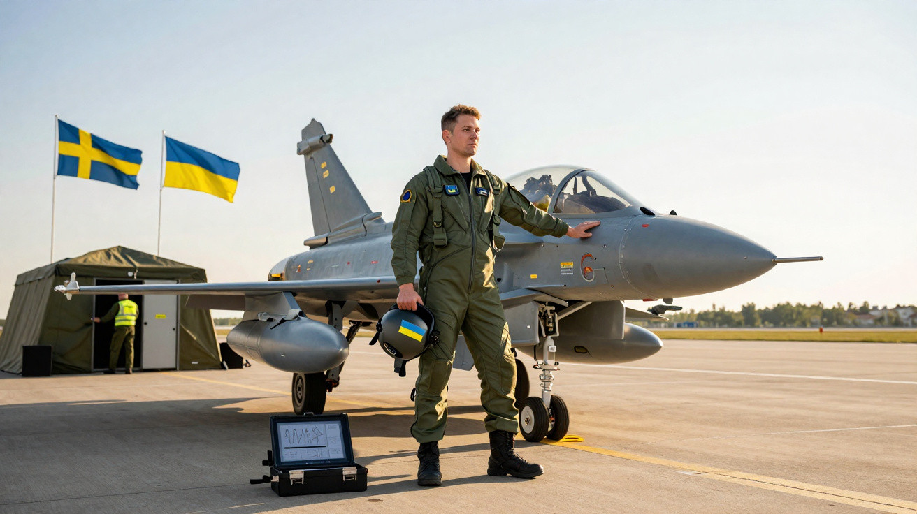Piloto militar com fato verde junto a avião de caça cinzento numa pista, com bandeiras da Suécia e Ucrânia ao fundo.