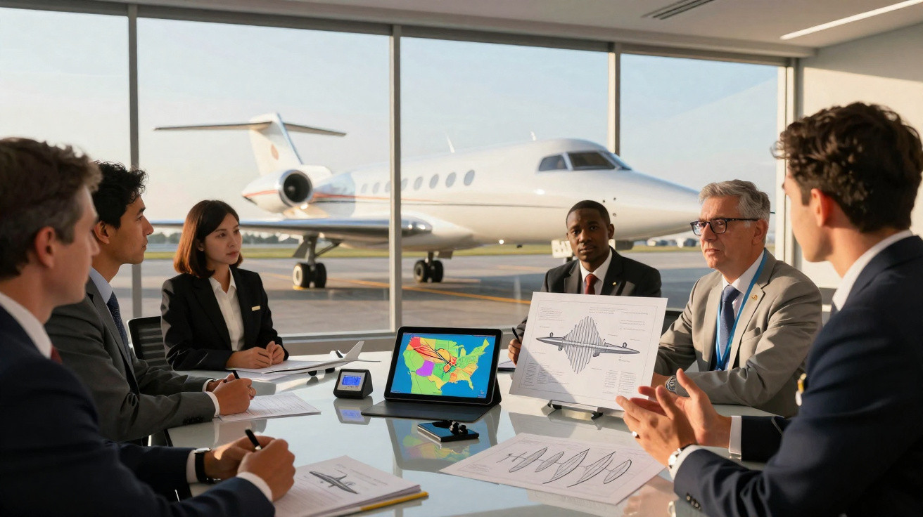 Reunião de negócios no aeroporto com cinco pessoas a discutir planos de voo, avião privado ao fundo.