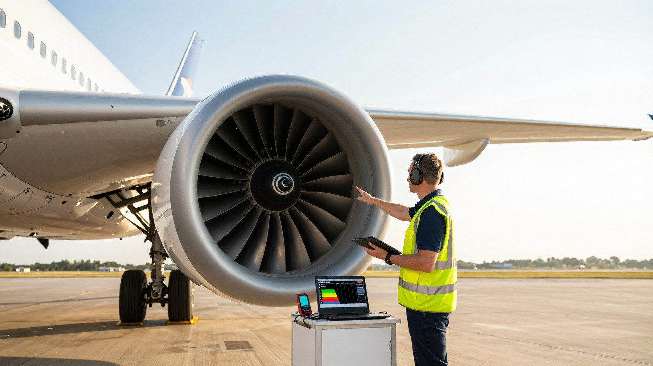 Técnico em colete refletor inspeciona motor de avião com auscultadores e tablet no aeroporto.