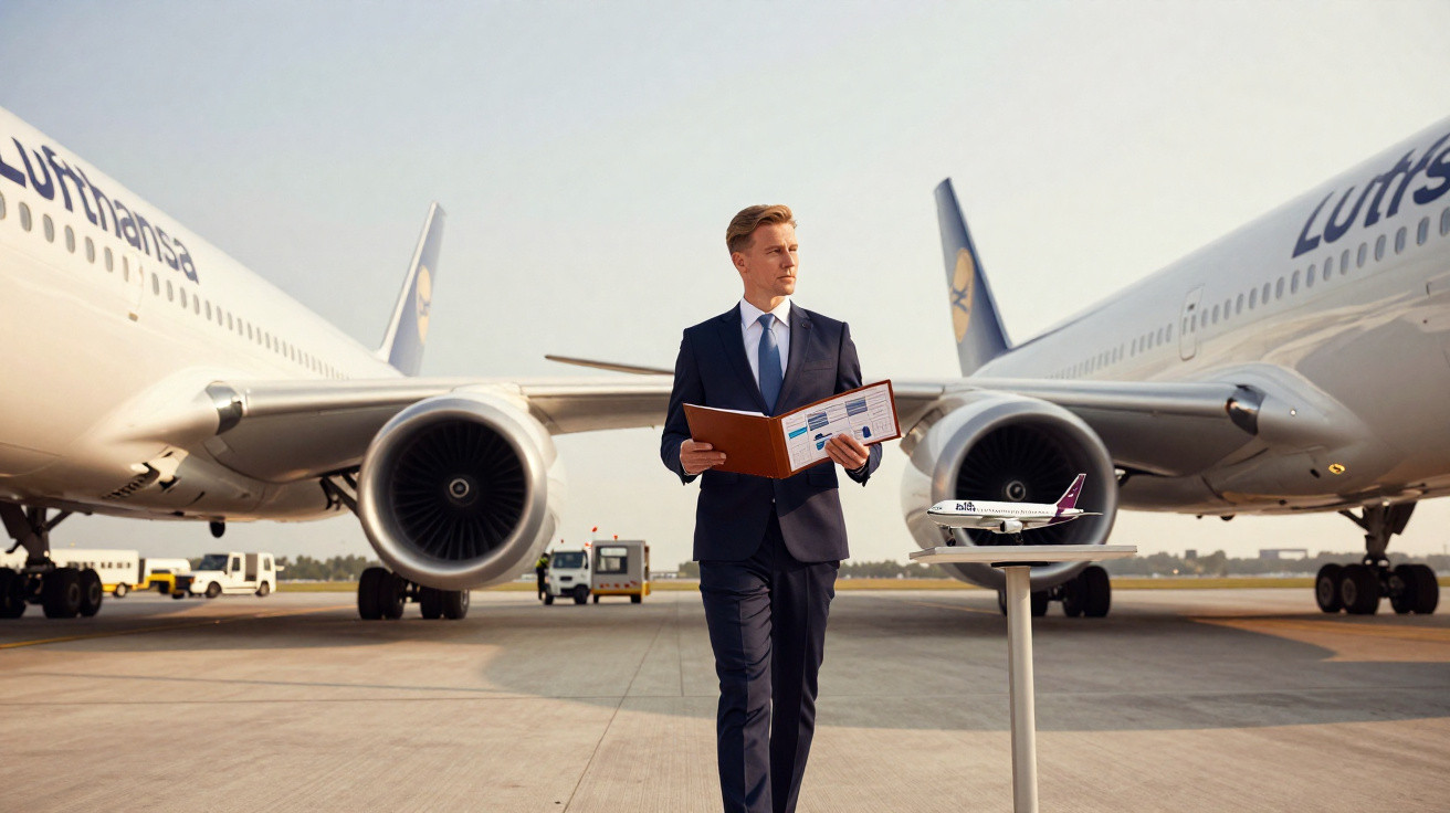 Homem de fato azul com pasta, entre dois aviões Lufthansa no pátio do aeroporto ao amanhecer.