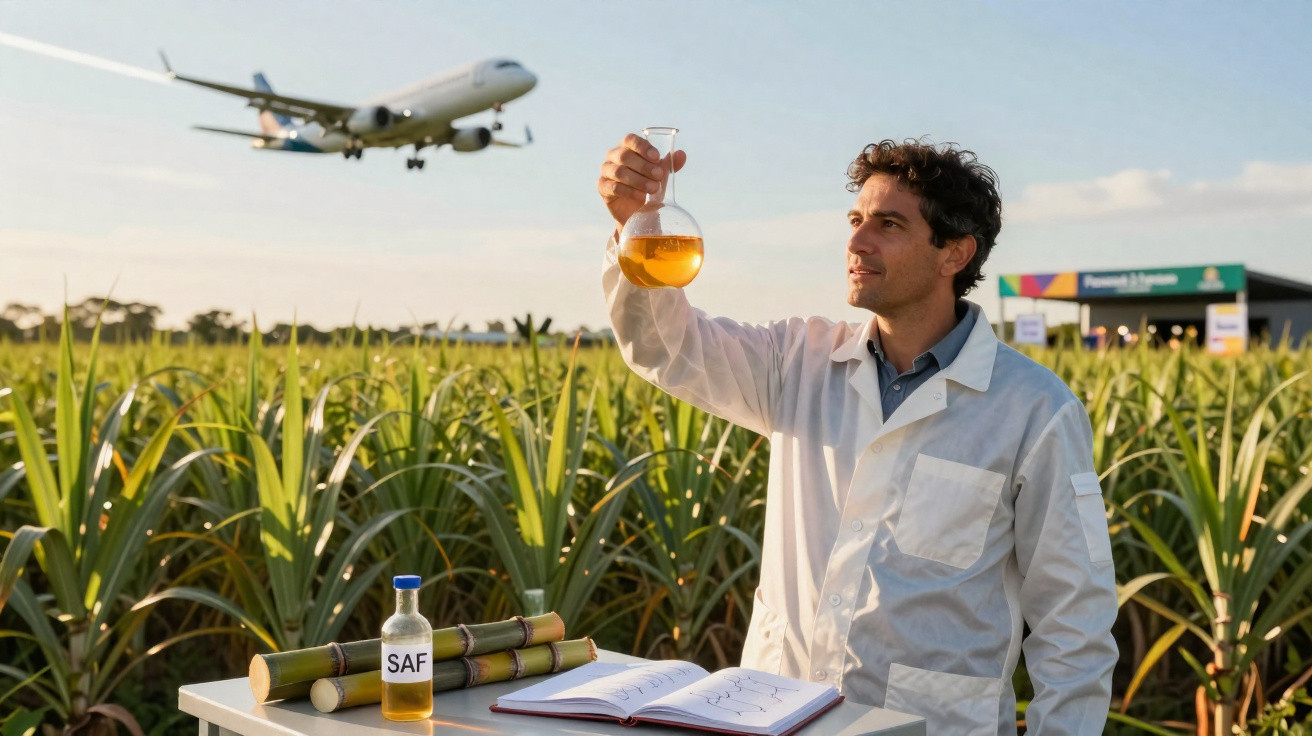 Cientista em campo com amostra de líquido ao pôr do sol e avião a aterrar ao fundo.