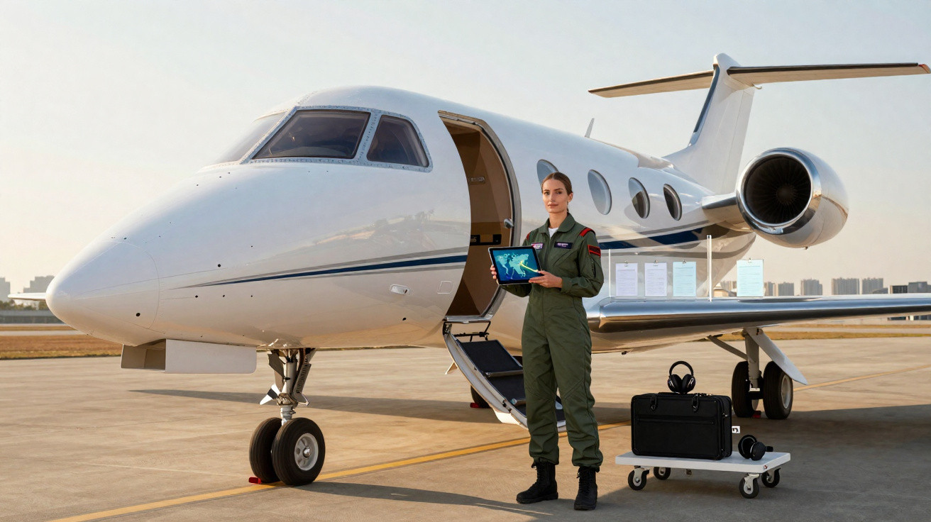 Mulher piloto em fato verde junta a avião privado branco numa pista de aeroporto ao pôr do sol.